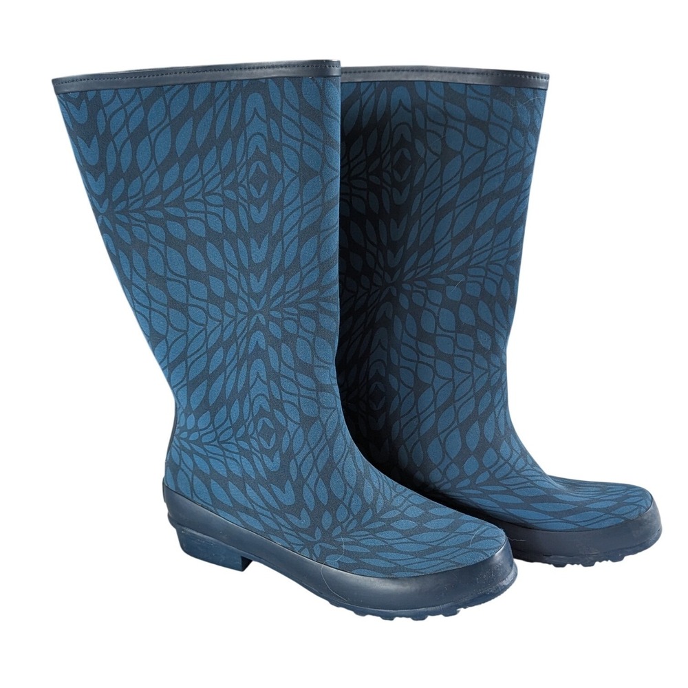LL Bean Wellie Tall Rain Boots Womens Size 10 Blue Floral Waterproof